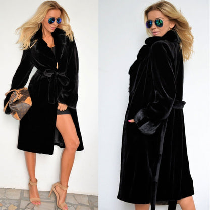 Black Artificial Fur Women Long Trenchcoats for Winter