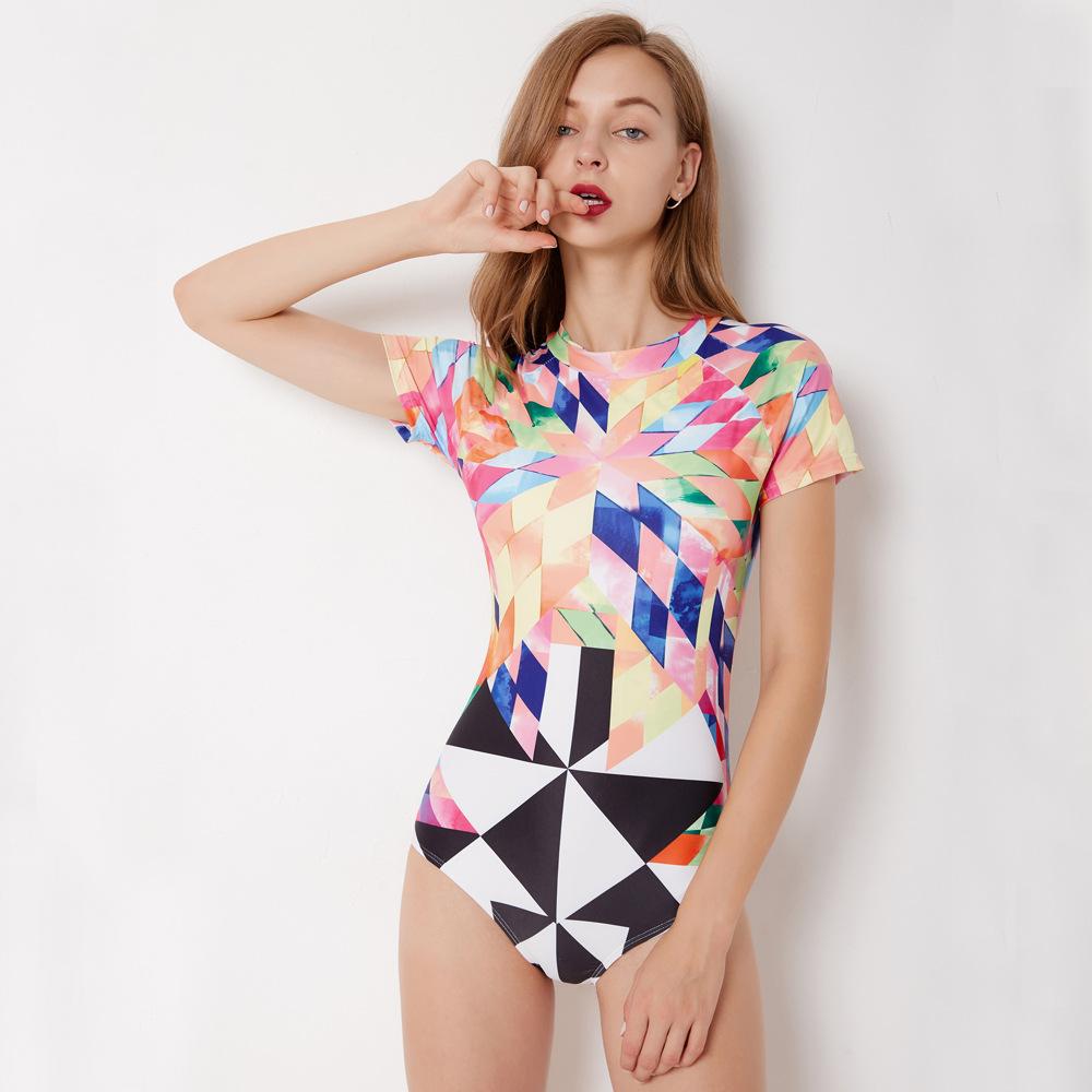 Women High Neck Short Sleeves Surf Swimsuit-STYLEGOING