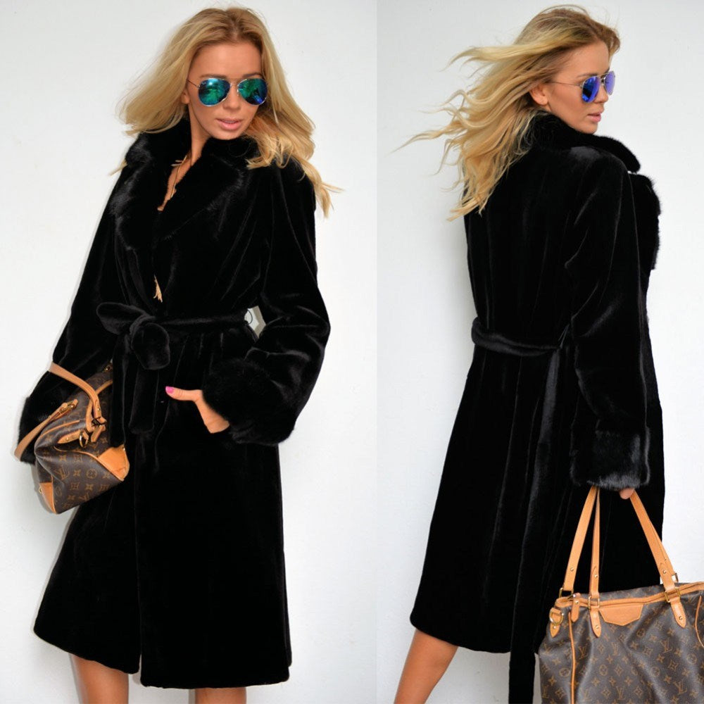 Black Artificial Fur Women Long Trenchcoats for Winter