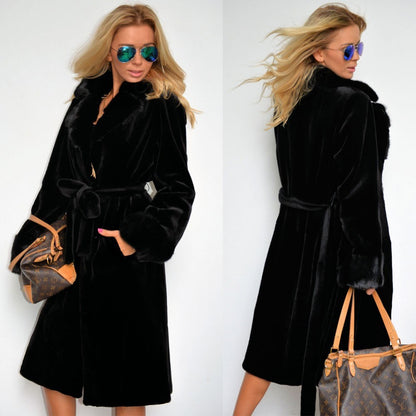 Black Artificial Fur Women Long Trenchcoats for Winter