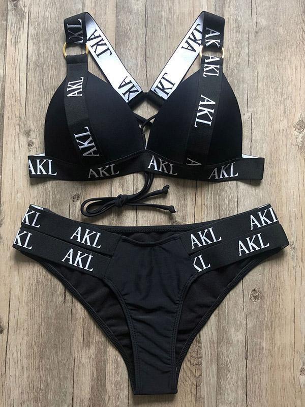 Letter Print Gathered Bikini Swimsuit-STYLEGOING