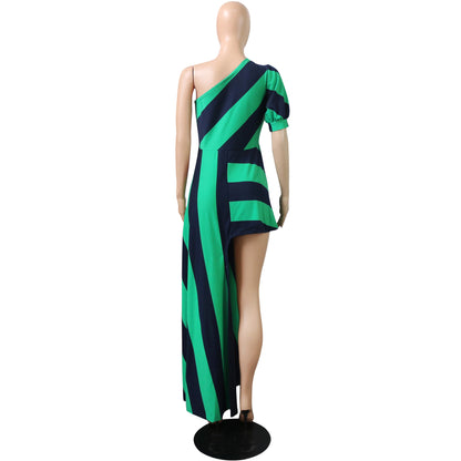 Sexy One Shoulder Striped Women Long Shirt Dresses
