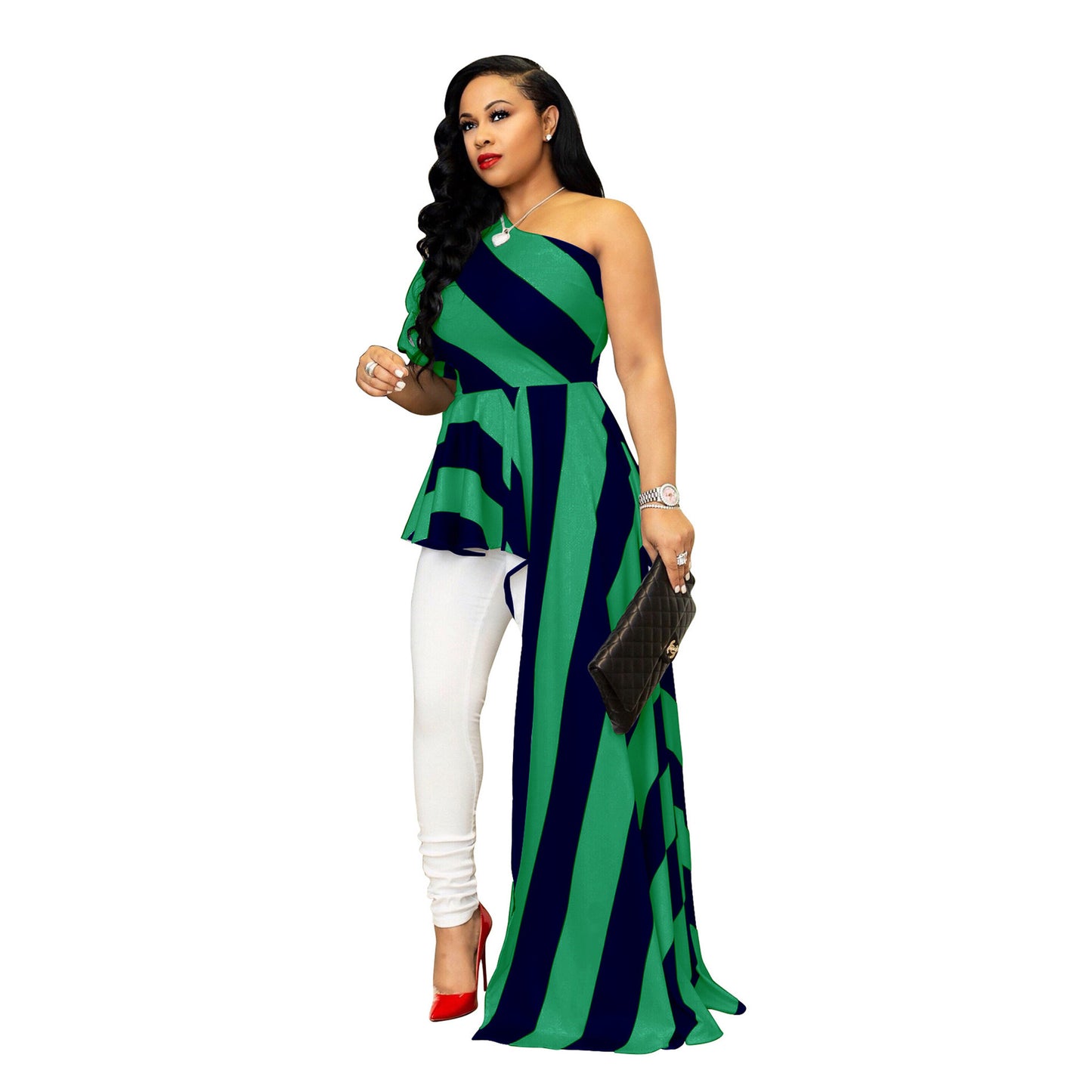Sexy One Shoulder Striped Women Long Shirt Dresses