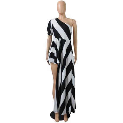 Sexy One Shoulder Striped Women Long Shirt Dresses