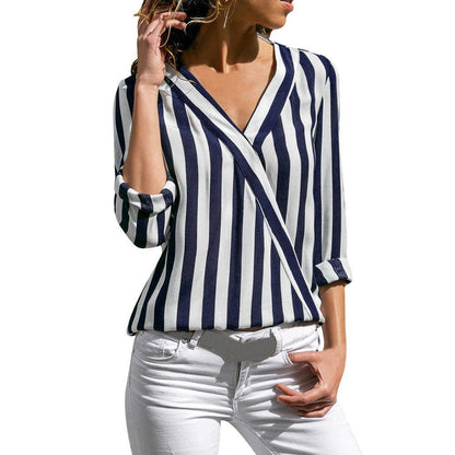 Women Long Sleeves V Neck Shirt Blouses-STYLEGOING