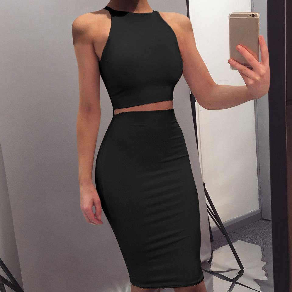 Sexy Round Neck Two Pieces Bodycon Dresses-STYLEGOING