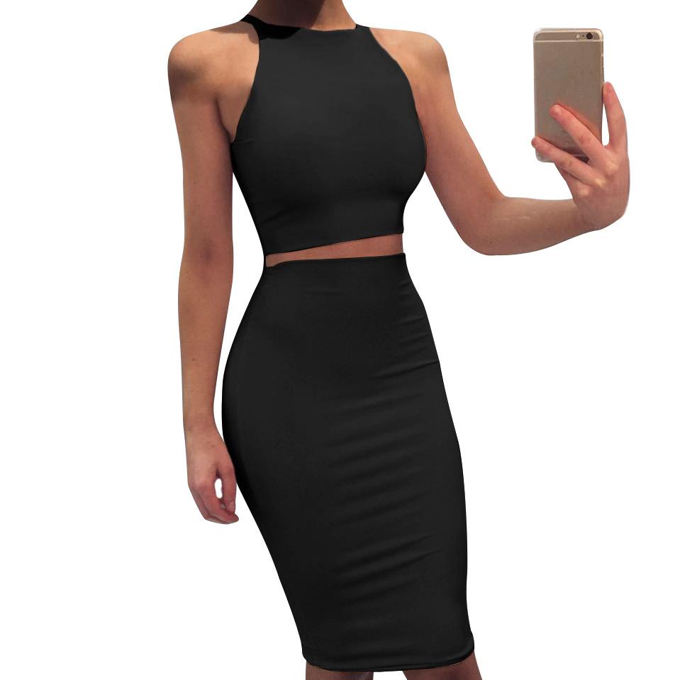 Sexy Round Neck Two Pieces Bodycon Dresses-STYLEGOING