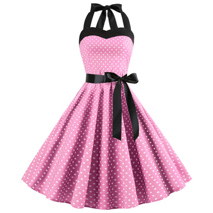 Summer Halter Dot Print Strapless Retro Dresses-STYLEGOING