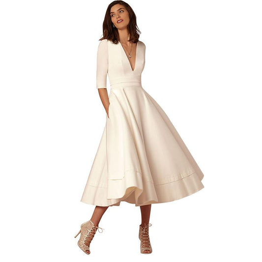 Sexy V Neck Half Sleeves Midi Dresses-STYLEGOING