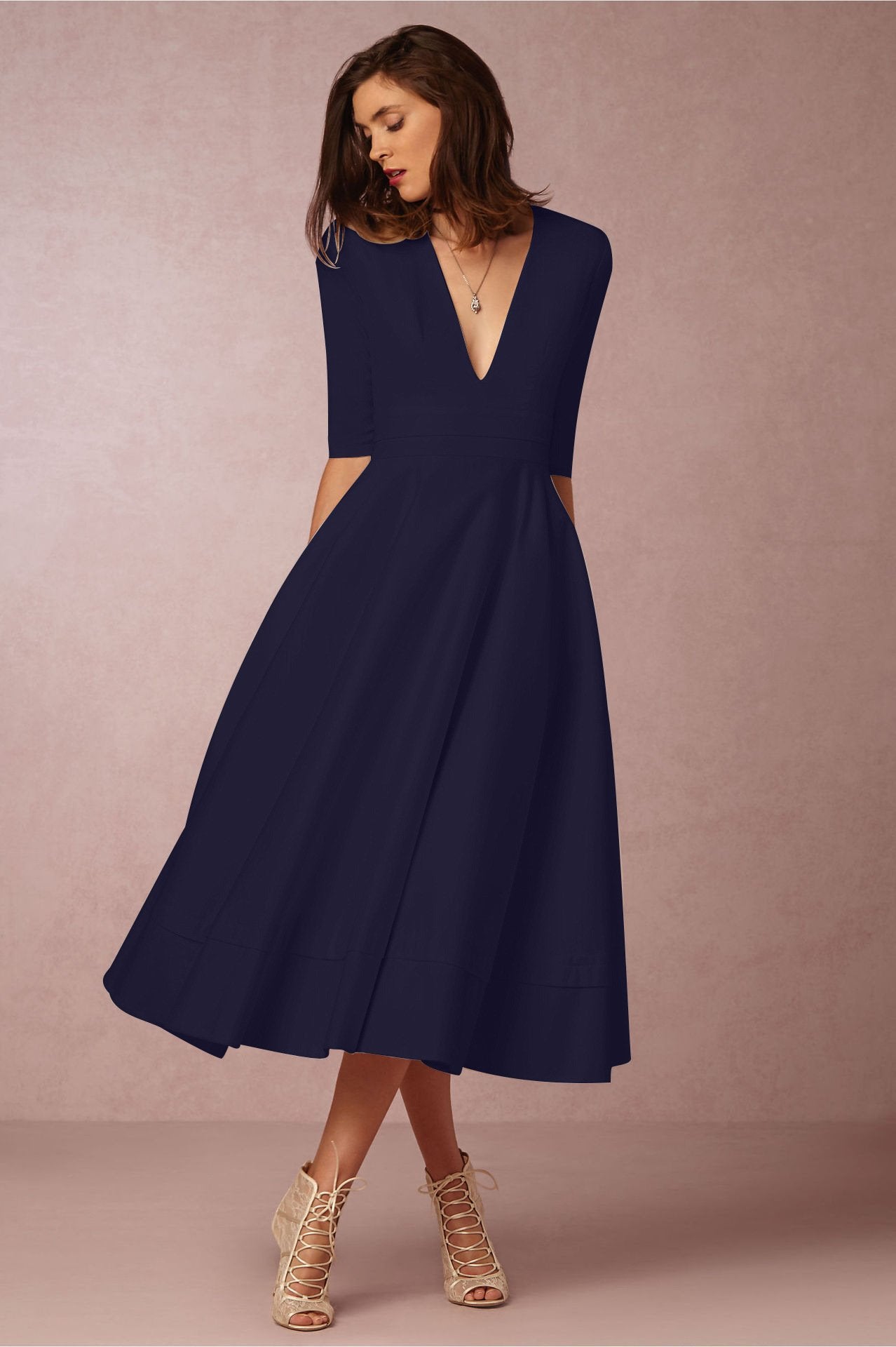 Sexy V Neck Half Sleeves Midi Dresses-STYLEGOING