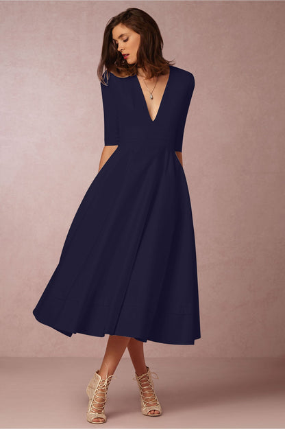 Sexy V Neck Half Sleeves Midi Dresses-STYLEGOING
