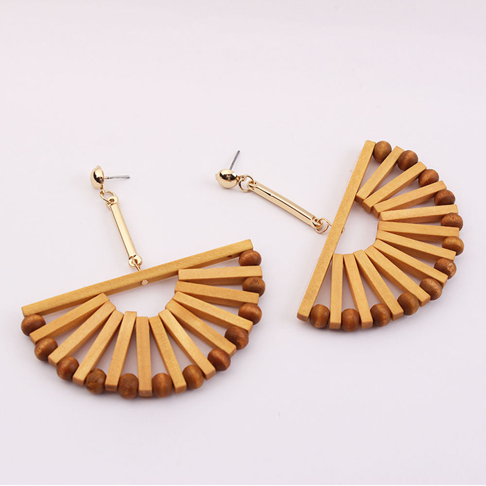 Vintage Fan Shaped Wooden Holiday Casual Earrings for Women
