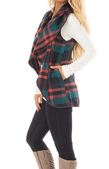 Women Plaid Pocket Cardigan Vest Coat