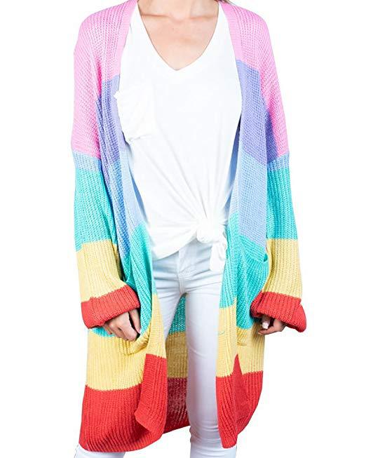 Women Rainbow Color Knitting Cardigan Sweaters