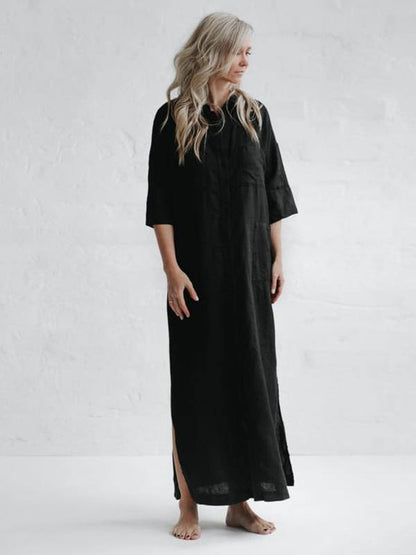 Simple Split-Side Lapel Long Shirt Dress-STYLEGOING