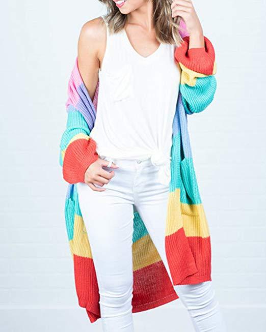 Women Rainbow Color Knitting Cardigan Sweaters