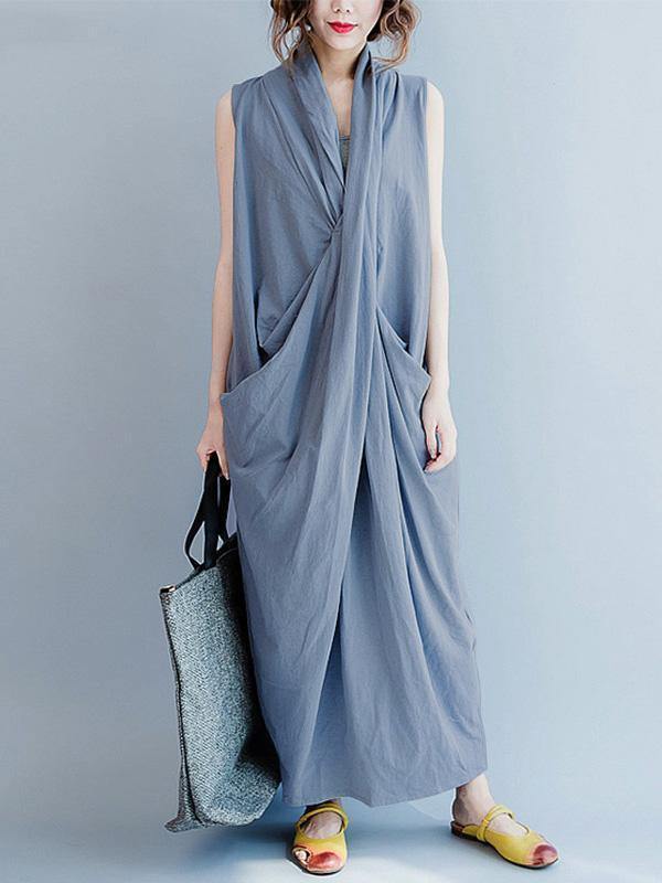 Loose Gray-blue Cropped Pockets Long Dress-STYLEGOING