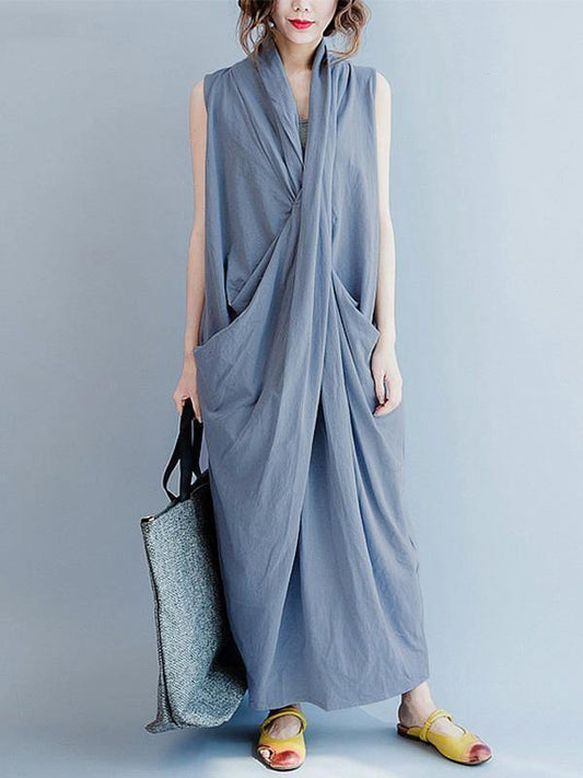 Loose Gray-blue Cropped Pockets Long Dress-STYLEGOING