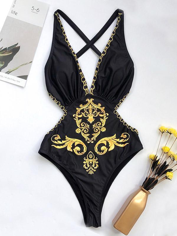 V-Neck Backless Printing One-Piece Swimwear-STYLEGOING
