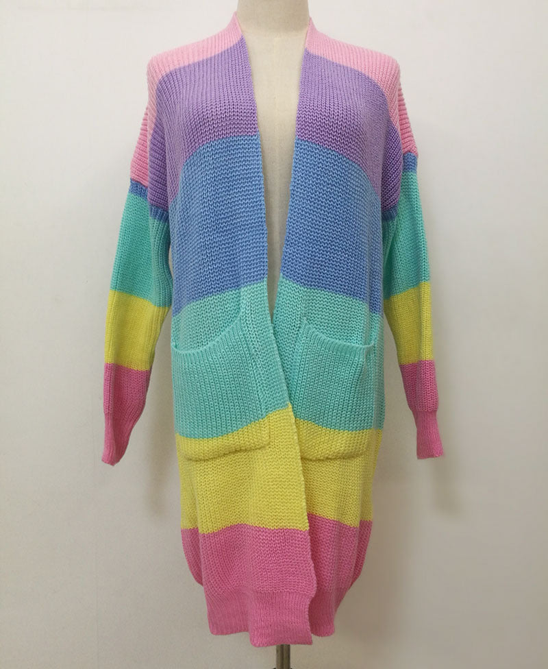 Women Rainbow Color Knitting Cardigan Sweaters