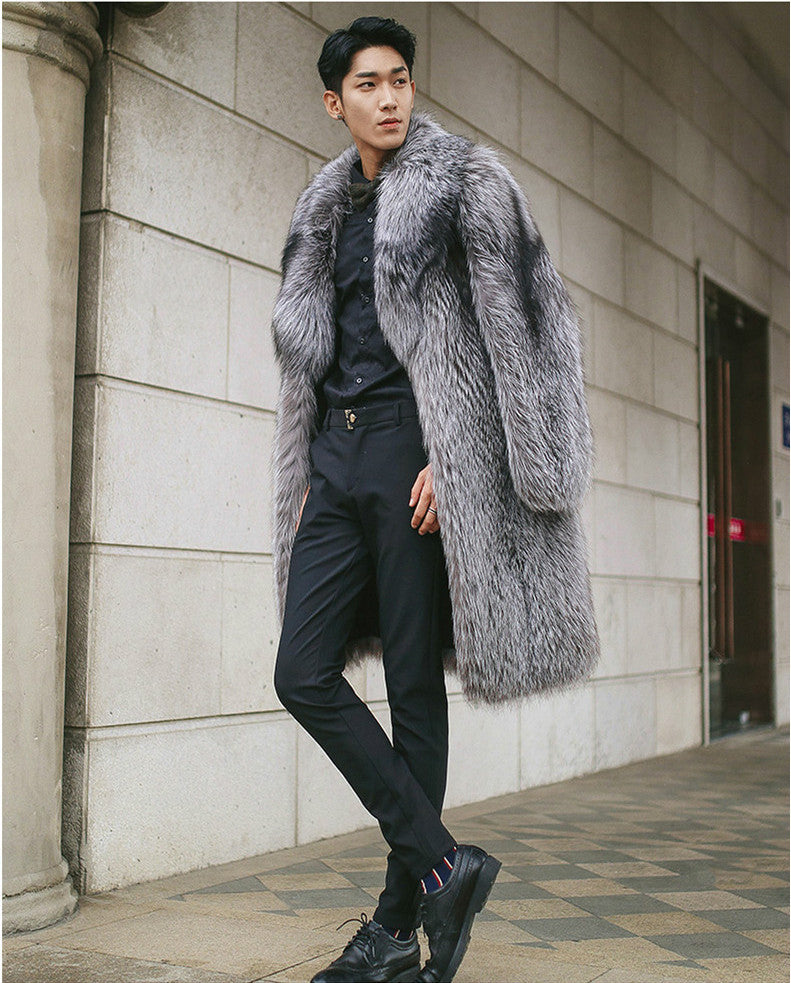 Luxury Artifical Fox Fur Plus Sizes Long Overcoat for Men