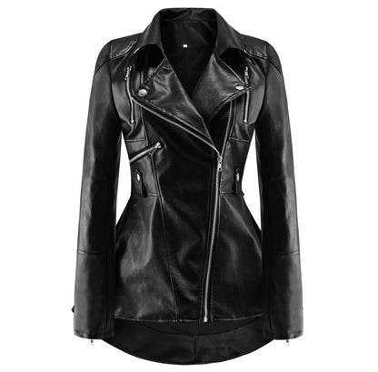 Women Black PU Leather Jacket Coat with Tail
