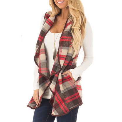 Women Plaid Pocket Cardigan Vest Coat