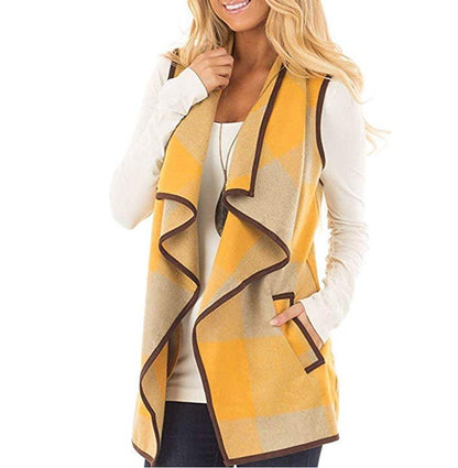 Women Plaid Pocket Cardigan Vest Coat