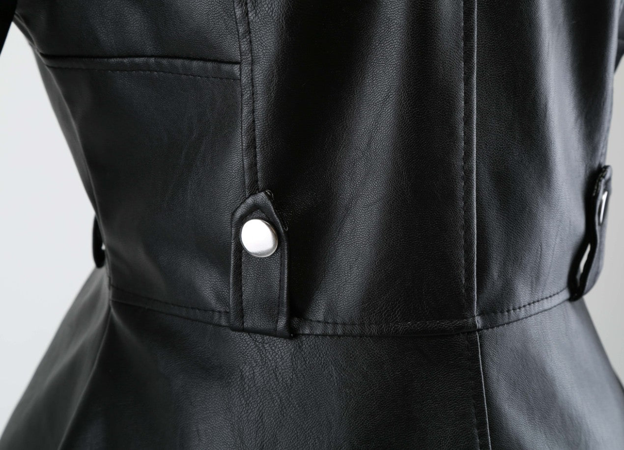 Women Black PU Leather Jacket Coat with Tail