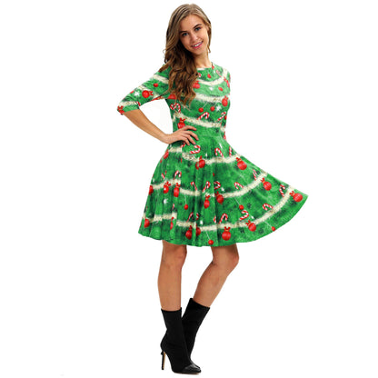 Merry Christmas Print Long Sleeves Fashion Dresses