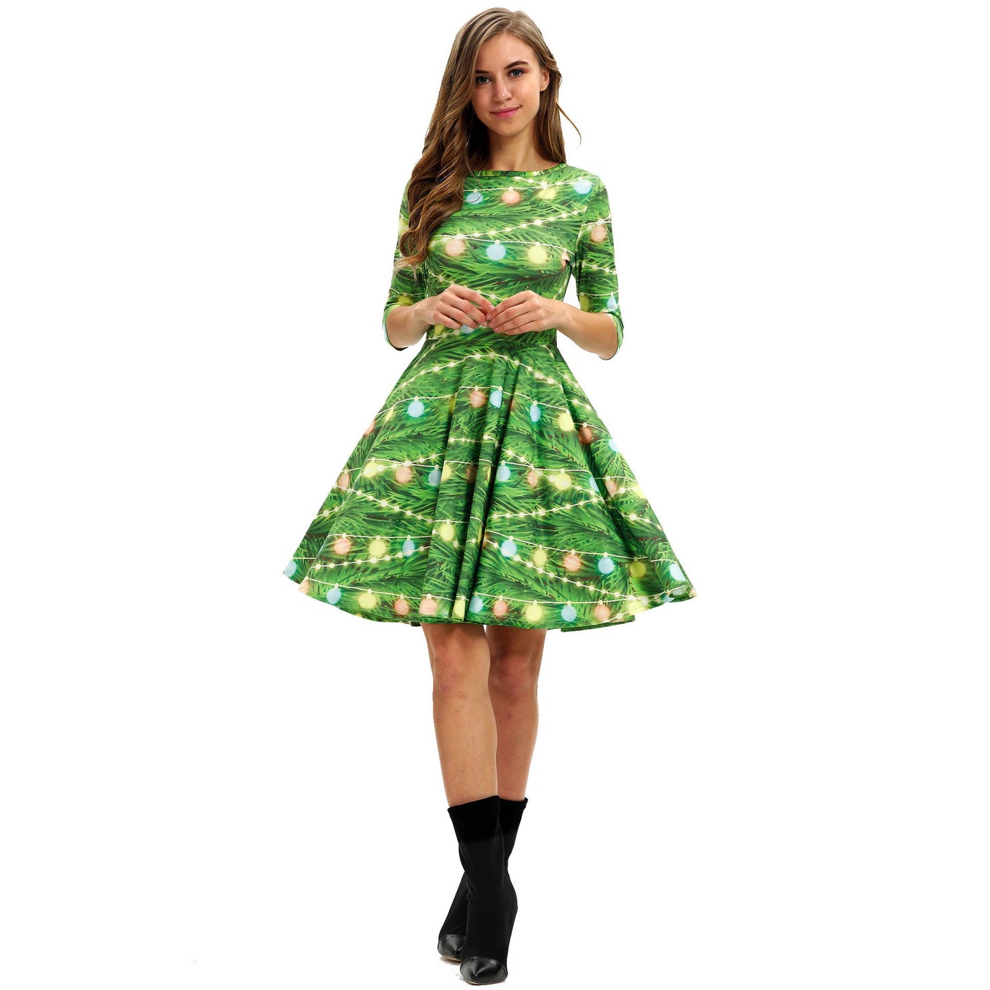 Merry Christmas Print Long Sleeves Fashion Dresses