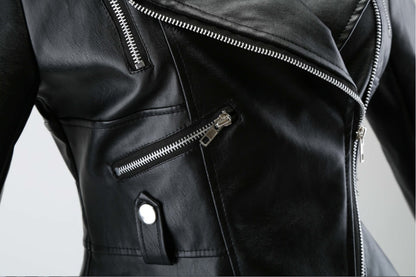 Women Black PU Leather Jacket Coat with Tail