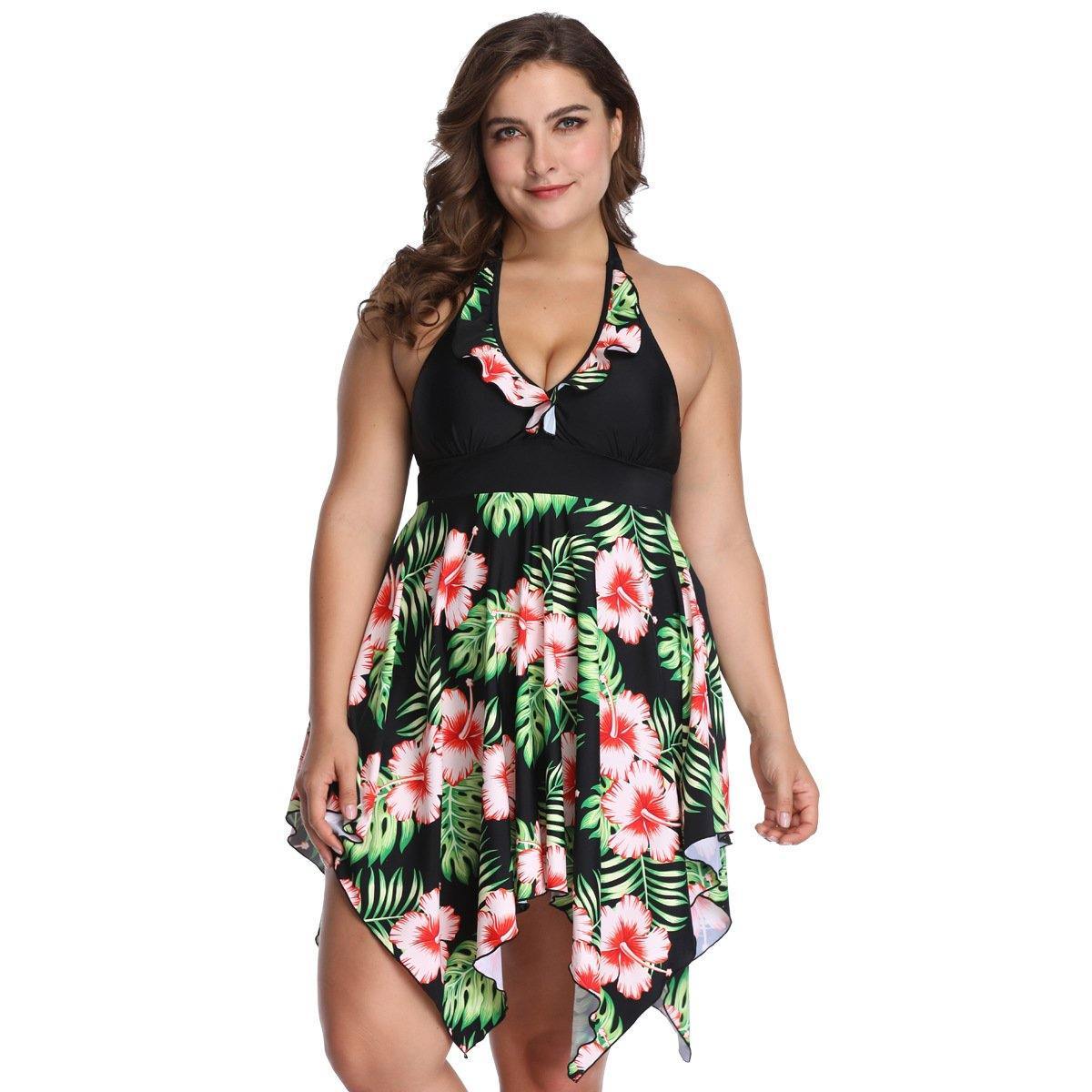 Women Plus Sizes Floral Pints Swimwear-STYLEGOING
