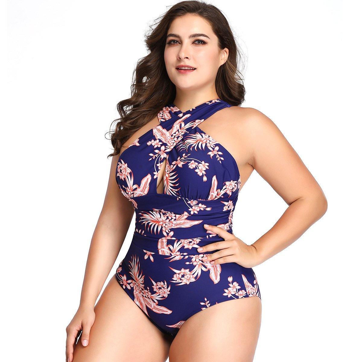 Plus Size Women One Piece Halter Swimsuit-STYLEGOING