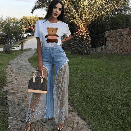 Personality Five Star Net Split Joint Loose Pants-STYLEGOING
