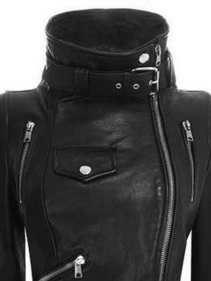 Women High Neck Zipper Short Black PU Leather Jacket