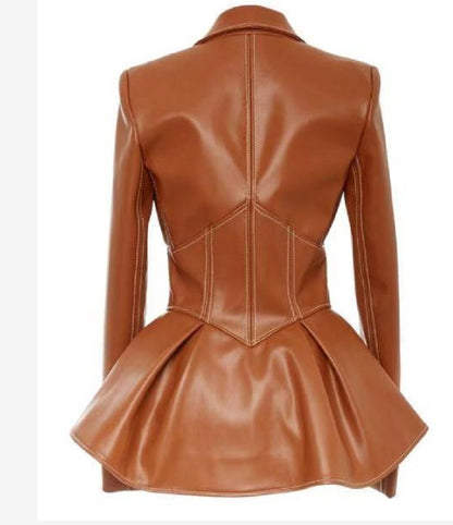 Women PU Leather Skirt Style Jacket Overcoat