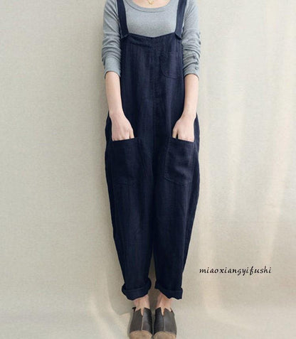Women Plus Sizes Leisure Linen Rompers-STYLEGOING