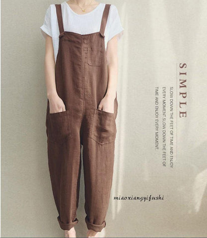 Women Plus Sizes Leisure Linen Rompers-STYLEGOING