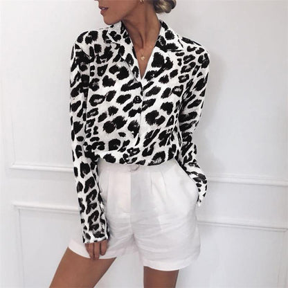 Casual Long Sleeves Leopard Print Chiffon Shirts-STYLEGOING