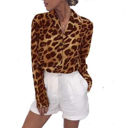 Casual Long Sleeves Leopard Print Chiffon Shirts-STYLEGOING