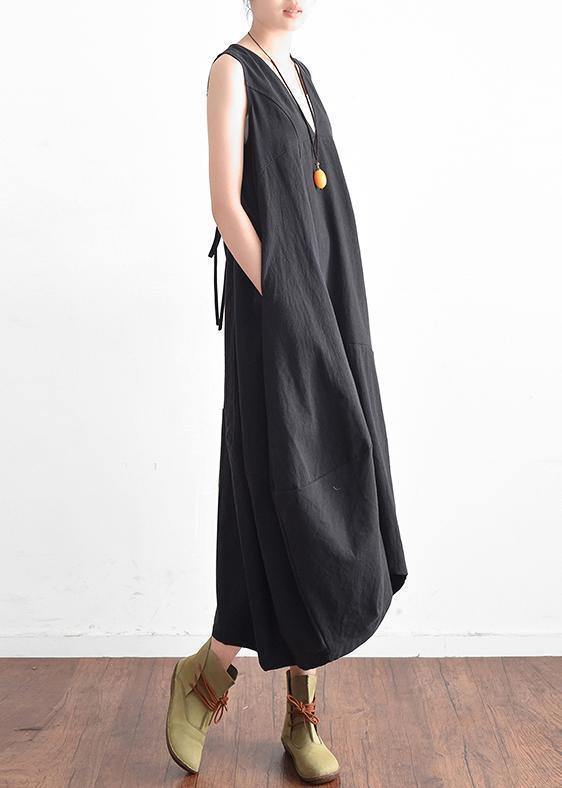 Black V-Neck Sleevless Summer Dress-STYLEGOING