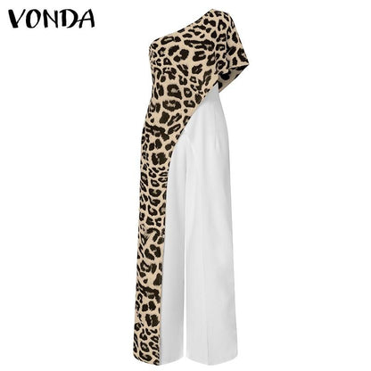 Sexy One Shoulder Leopard Print  Long Women Jumpsuits
