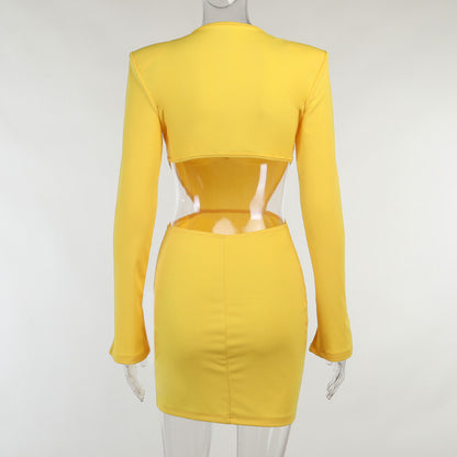 Women Sexy V Neck Midriff Long Sleeves Dresses