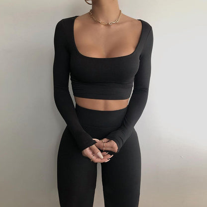 Women High Waist Legging Pants and Long Sleeves Short Tops