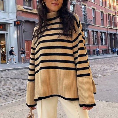 Women High Neck Knitting Striped Sweaters