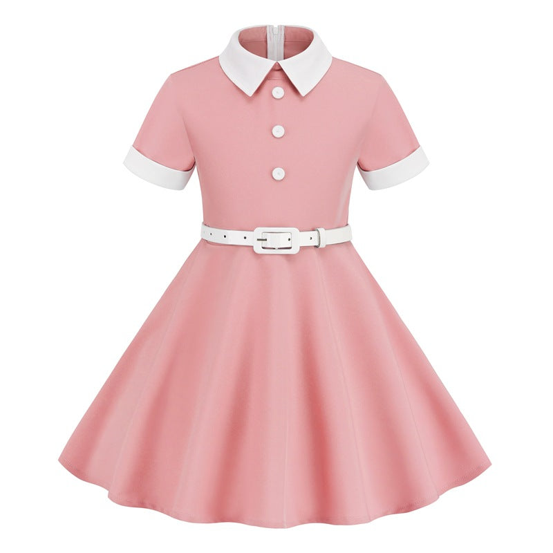 Vintage Short Sleeves Kids Dresses with Belt