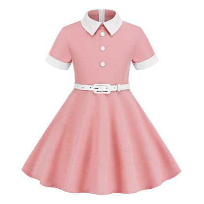 Vintage Short Sleeves Kids Dresses with Belt