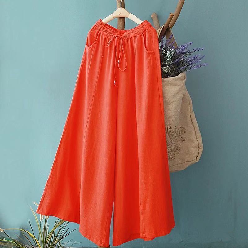 Vintage Linen Elastic Waist Summer Wide Legs Pants for Women