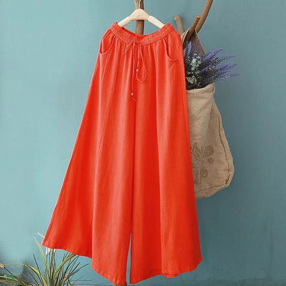 Vintage Linen Elastic Waist Summer Wide Legs Pants for Women